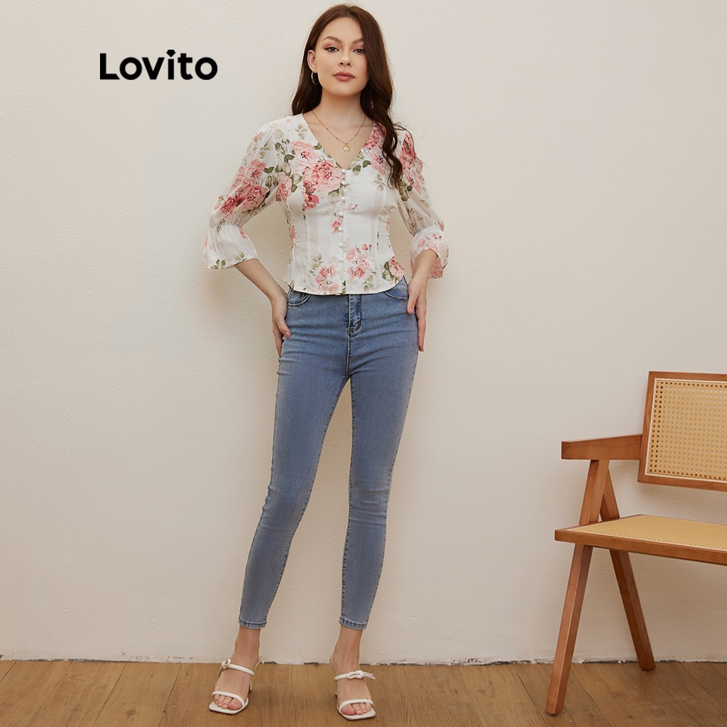 Lovito Áo Kiểu Tay Loe Cổ Chữ V In Hoa Thời Trang L20D016