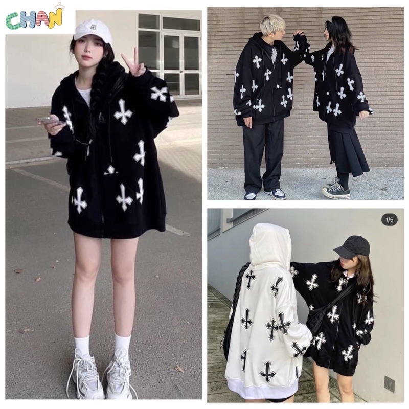 Áo Khoác Nỉ Chữ T Form Rộng Tay Phồng Unisex, Áo Hoodie Kéo Khoá Màu Đen Trắng