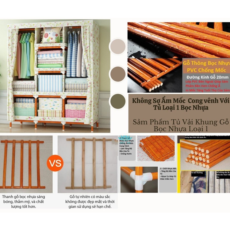 Tủ Vải Đựng Quần Áo vải khung gỗ bọc nhựa 2, 3, 4 buồng cỡ lớn loại 1 chống ẩm mốc
