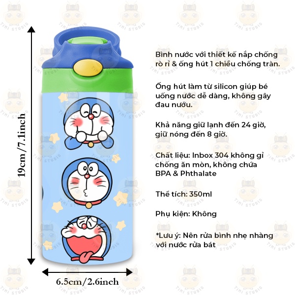 Bình Uống Nước Giữ Nhiệt Cho Bé Có Ống Hút Hình Doreamon - Tỉ Mỉ Studio - Mã 2408KT01