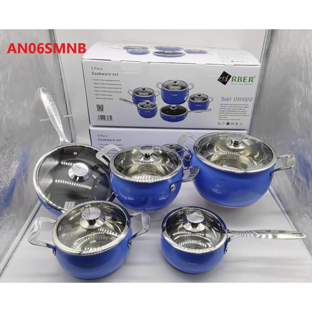 Bộ Nồi Chảo Đun Từ 5 Món ARBER- AN06SMNB-3 đáy-Cao Câp-Inox 304 sáng bóng,bền,đẹp,chính hãng,giá rẻ