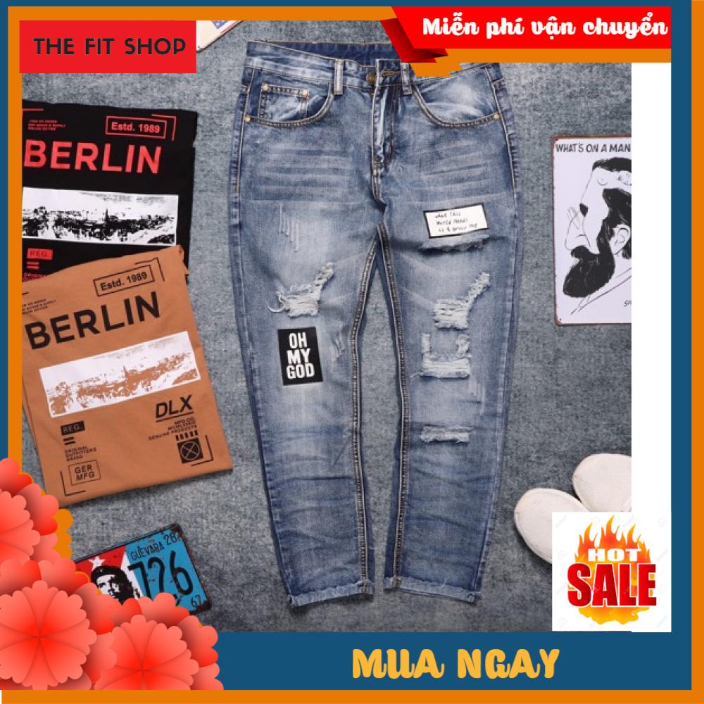 Quần Jean Nam Rách In Chữ OH MY GOH Màu XANH QJ9807