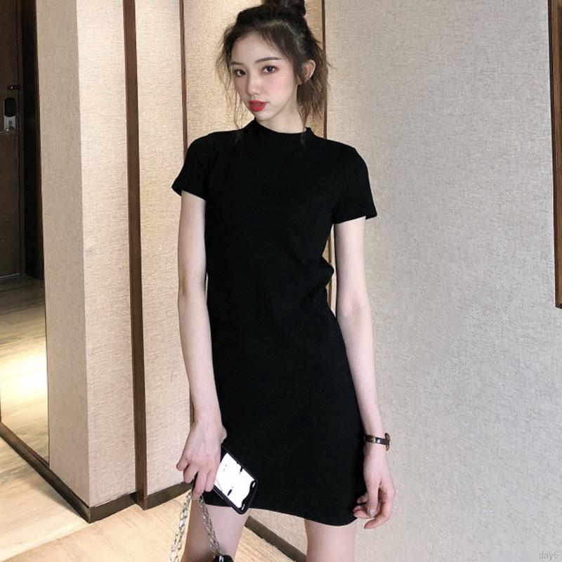 Đầm Tay Ngắn Cổ Tròn Màu Trơn Thiết Kế Đơn Giản Phong Cách Hàn Quốc