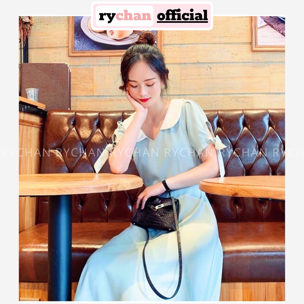 Đầm Xòe Midi Xanh Mint Cổ Sen Nơ Tay  - DX950