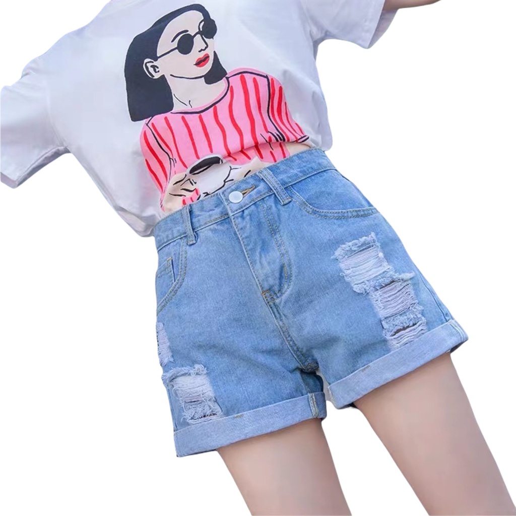 ๑❈Quần short jean nữ BigSize lưng cao trên rốn, co dãn mạnh, xăn lai, màu xanh nhạt rách kiểu dành cho người mập 3868