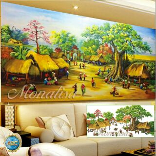 Tranh đính đá phong cảnh làng quê yên bình 120x60cm