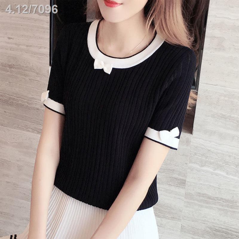 2021 phiên bản mới của mùa hè Hàn Quốc áo sơ mi đáy rộng thắt lưng cao màu trắng thun ngắn tay đan trên cùng p