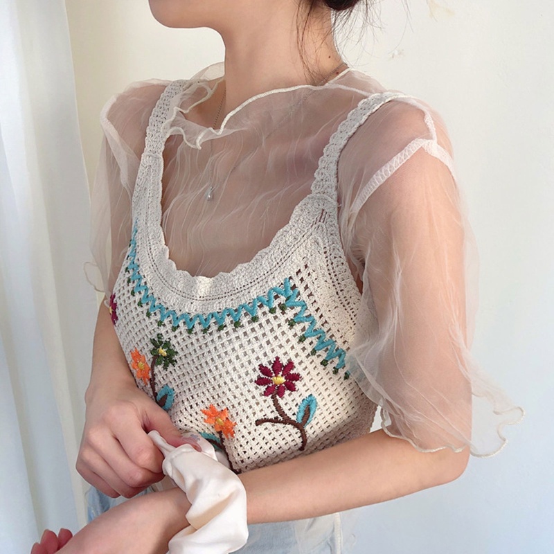 Áo Croptop Dệt Kim Hai Dây Thêu Họa Tiết Hoa Phong Cách Vintage