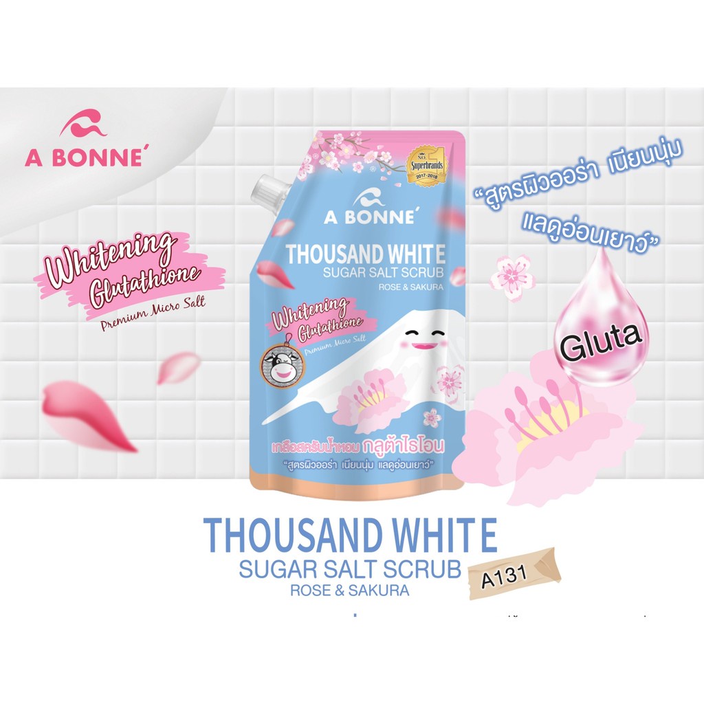 Muối Tắm Trắng Da Cao Cấp Thái Lan A Bonne' Thousand White Sugar Salt Scrub - Hoa hồng &amp; Hoa anh đào Túi 350g Có Vòi