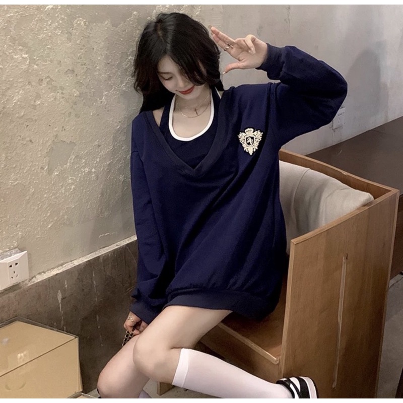 (Ảnhthậtcuối) Set Áo Sweater huy hiệu cổ tim L.Y Store [FREESHIP] Set áo 2 món màu xanh than HOT uzzlang