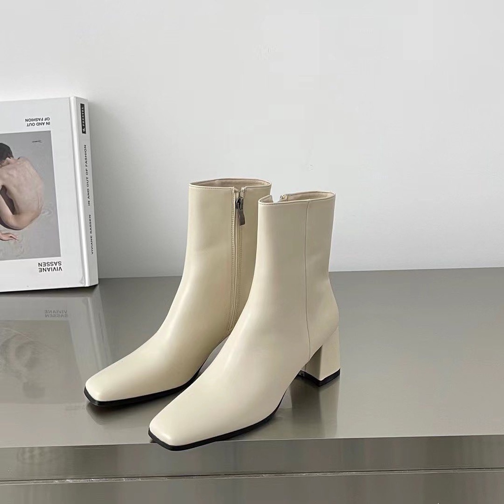 Boot mũi vuông ngang, da trơn mềm, gót trụ vuông 7cm - better - 251021002