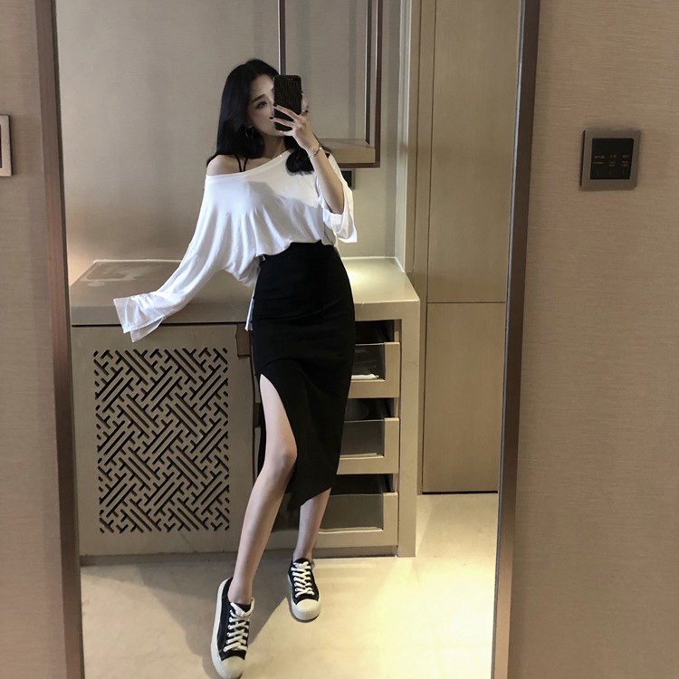 Xiaozhainv Áo thun màu trơn tay dài/ chân váy lưng cao xẻ tà kiểu dáng gợi cảm cho nữ | BigBuy360 - bigbuy360.vn