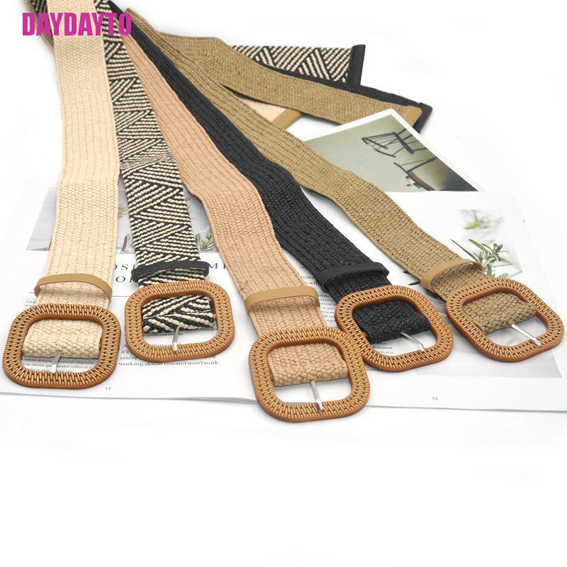 Thắt Lưng Rơm Đan Co Giãn Phối Khóa Vuông Phong Cách Boho Cổ Điển Thời Trang Mùa Hè Cho Nữ