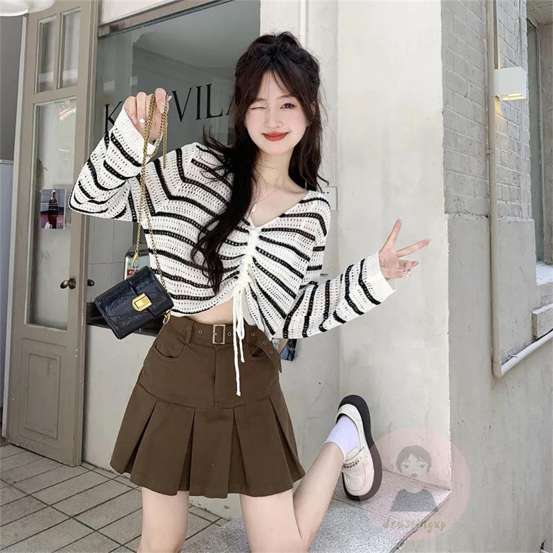 Áo Dệt Kim Tay Dài Cổ Chữ V Họa Tiết Kẻ Sọc Thiết Kế Dây Rút Thời Trang Mùa Hè Xinh Xắn Cho Nữ