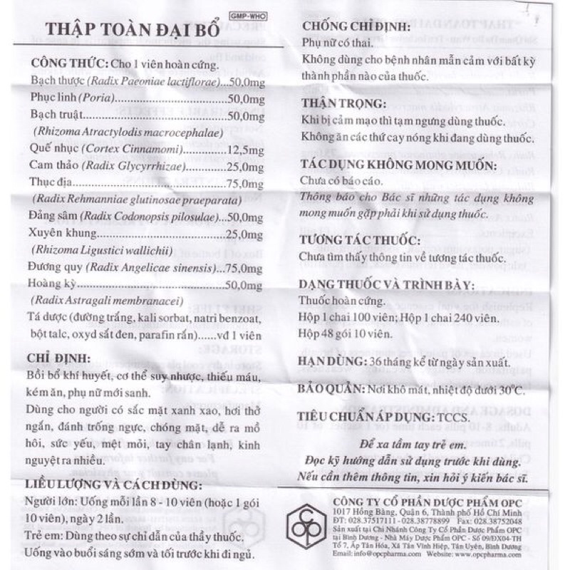 Hoàn Thập Toàn Đại Bổ - Traphaco (Khí và huyết đều hư: sắc mặt trắng xanh, hơi thở ngắn, dễ ra mồ hôi, tay chân không ấm