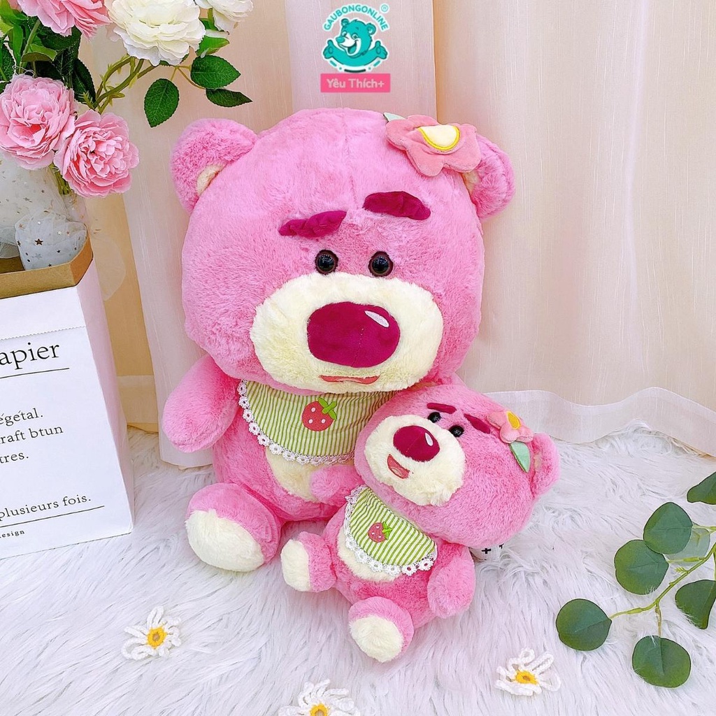 Gấu Dâu Lotso Baby Yếm Ngồi Hai Màu Hồng, Xanh Gấu Bông Lotso Tai Dâu Dễ Thương