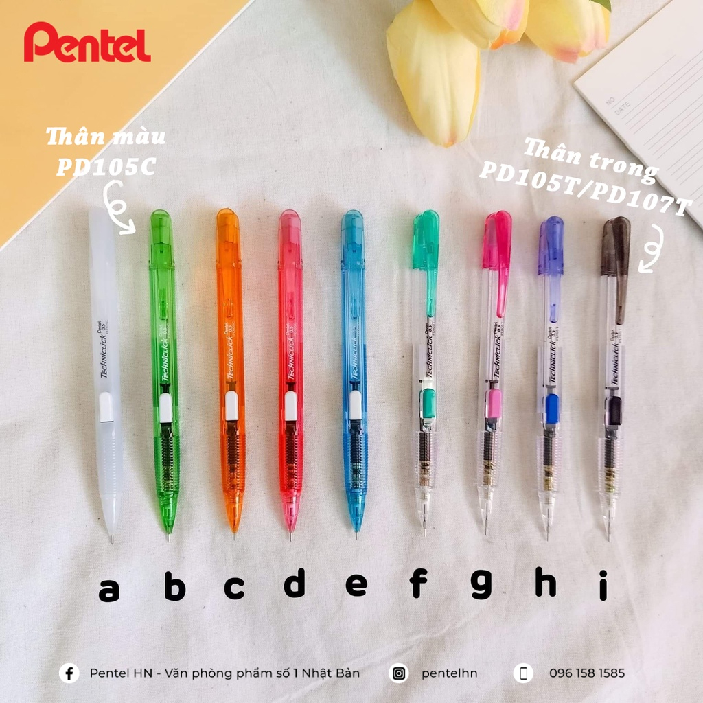 Bút Chì Kim Pentel Bấm Thân Giữa PD105T Và PD107T | Thiết Kế Thân Trong Đẹp Mắt