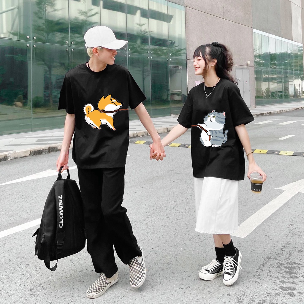 Áo phông đôi in hình chó kéo dây mèo siêu dễ thương, áo cặp Unisex đẹp cực HOT giá siêu rẻ