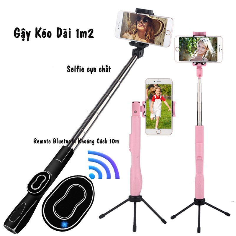 Tripod Chụp Ảnh Bluetooth Không Dây Gậy Tư Sướng Bluetooth 1m2 Có Chân Đỡ Thích Hợp Mọi Điện Thoại