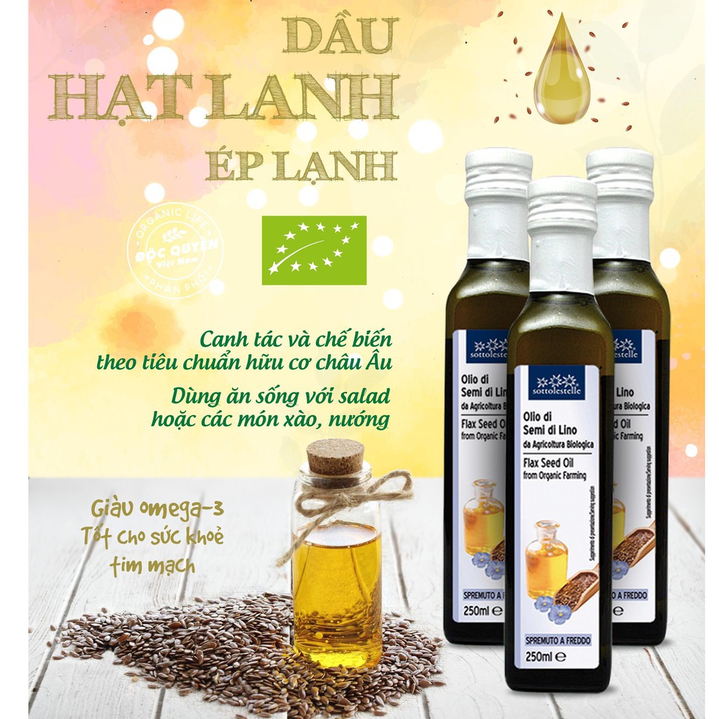 [Mã BMBAU50 giảm 7% đơn 99K] Dầu Hạt Lanh Ép Lạnh Hữu Cơ Organic Flax Seed Oil Sottolestelle 250ml