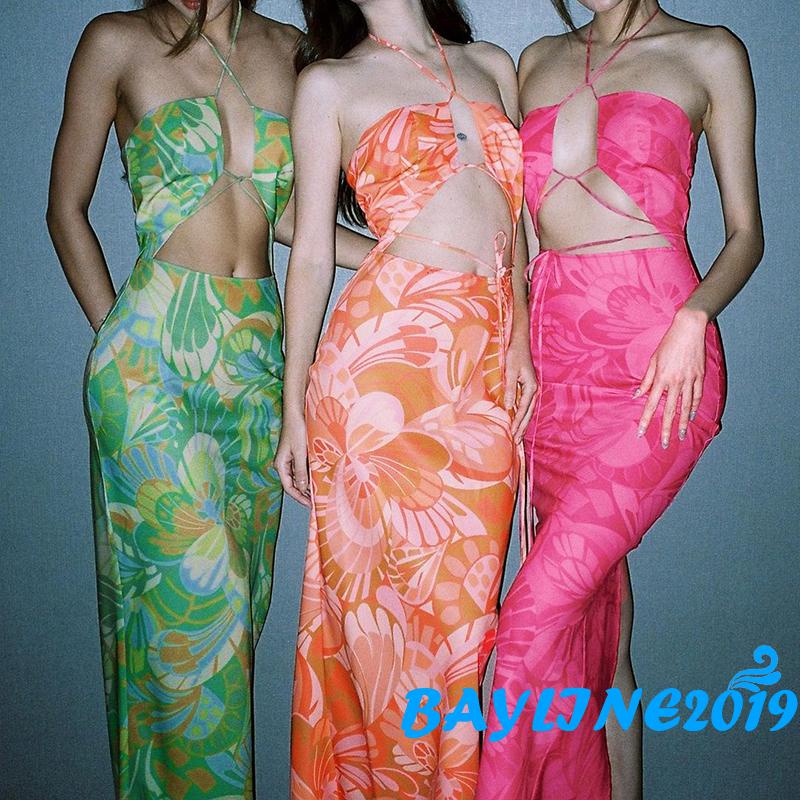 Đầm Dài Cổ Yếm Xẻ Tà Hở Lưng In Họa Tiết Hoa Quyến Rũ Cho Nữ