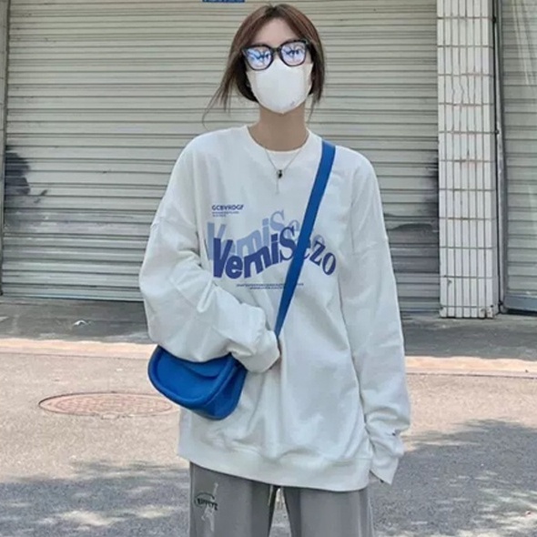 【ZHELIHANGFEI】Áo len tay dài in chữ T - áo kiểu dáng trường đại học rộng rãi đa năng