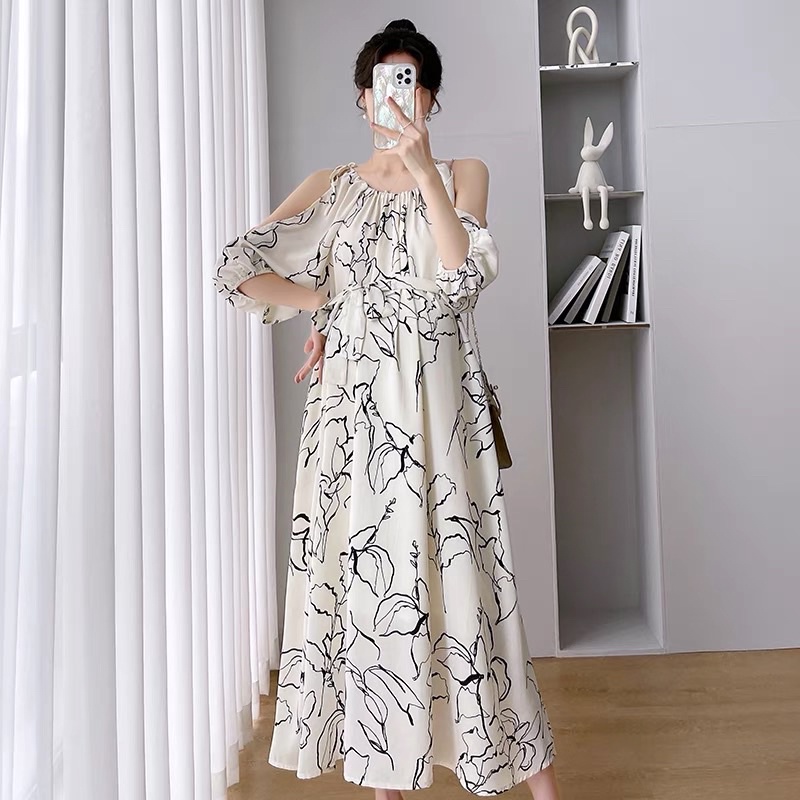 Váy đầm bầu dáng dài phom xuông rộng hở vai hàng quảng châu