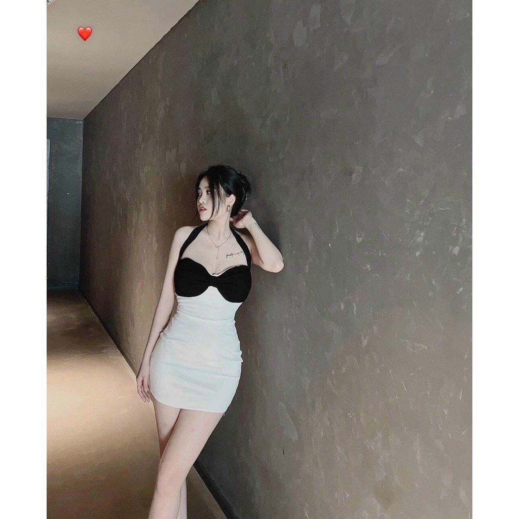 Đầm nữ dáng ôm body ngắn phối màu nơ ngực kiểu cổ dây yếm hot