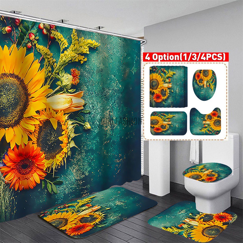 Flower Shower Bathroom Shower Curtain Set Non-Slip Waterproof 4/3/1PCS