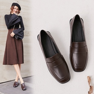 Giày búp bê đế bằng mũi vuông phong cách retro anh quốc