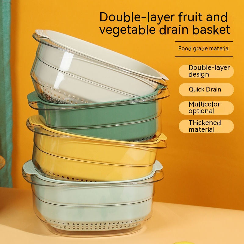 Rổ Rửa Rau Củ Quả Hai Lớp Bằng Nhựa Màu Sắc Tương Phản Sáng Tạo Dành Cho Nhà Bếp