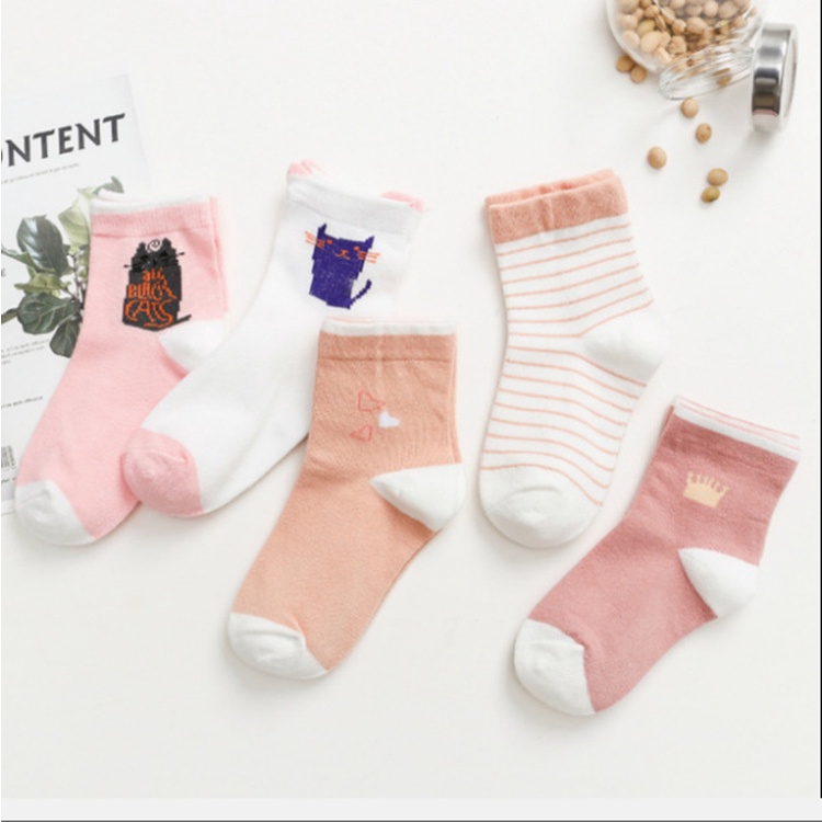 Set 5 đôi tất cho bé gái 1-12 tuổi chất liệu cotton cực kỳ co giãn và mềm mại HTA02