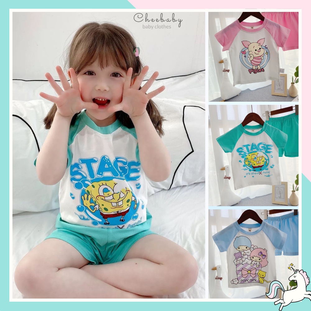 Đồ bộ bé gái mặc nhà chất thun cotton mềm mại. Sét bộ bé gái in hoạt hình đáng yêu - CHEE BABYHOME SG077