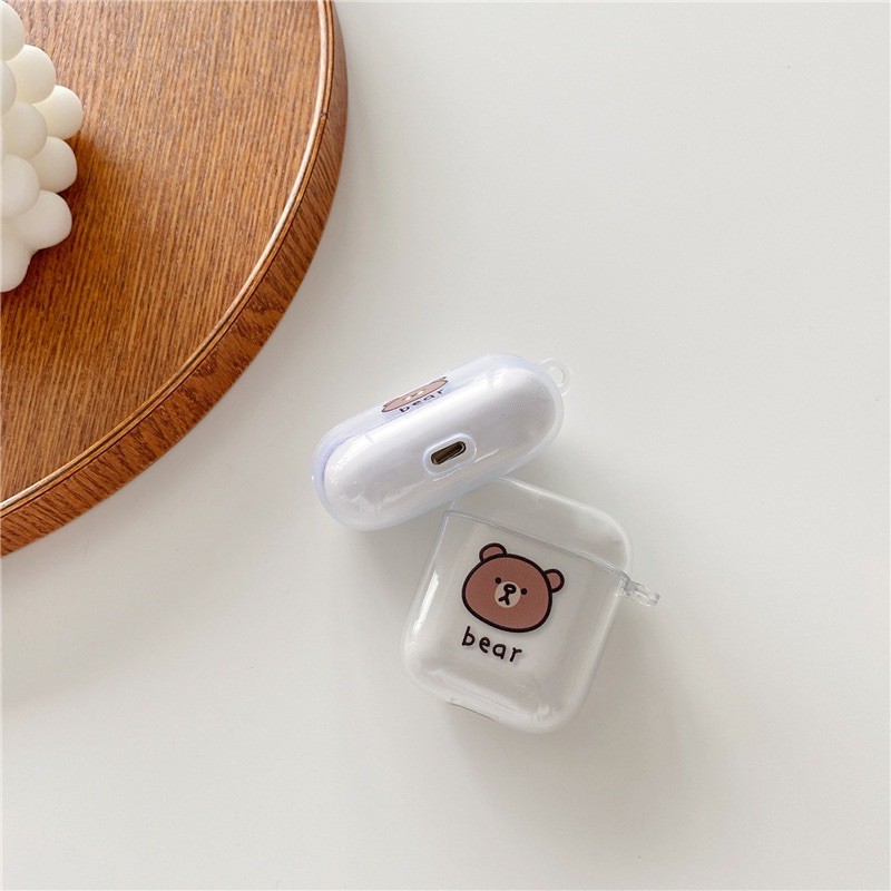 Vỏ case gấu nâu bảo vệ bao đựng tai nghe airpods 1 2 PRO trong suốt in hình