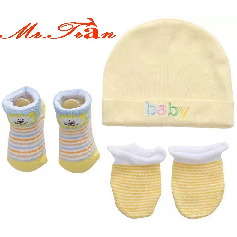 Set 3 món bao tay, bao chân và mũ thóp loại cao cấp siêu mềm cho bé sơ sinh trong túi lưới