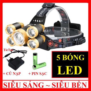 Đèn Pin Đội Đầu Đeo Trán 5 Bóng T6 Siêu Sáng Kèm Pin Sạc Siêu Tiện Lợi
