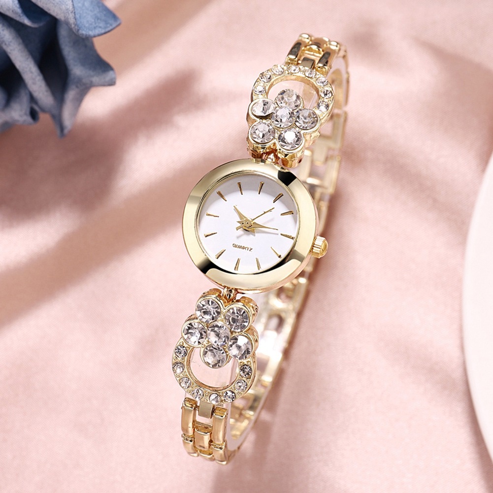 MACmk Elegant Women Rhinestone Flower Round Dial Alloy Band  Analog Quartz Wrist Watch