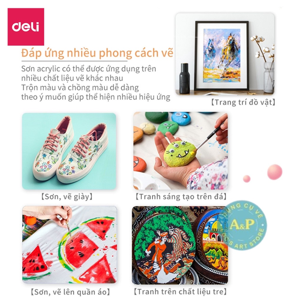 Bộ Màu ACRYLIC + Kèm Cọ Vẽ Vải / Áo / Giày /Tường Cao Cấp DELI Dạng Tuýp 5ML