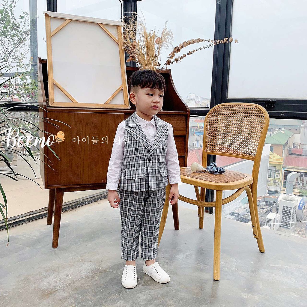 Bộ set quần áo gile Beemo cho bé trai cổ vest kẻ caro phong cách Hàn Quốc bảnh bao - 20B114