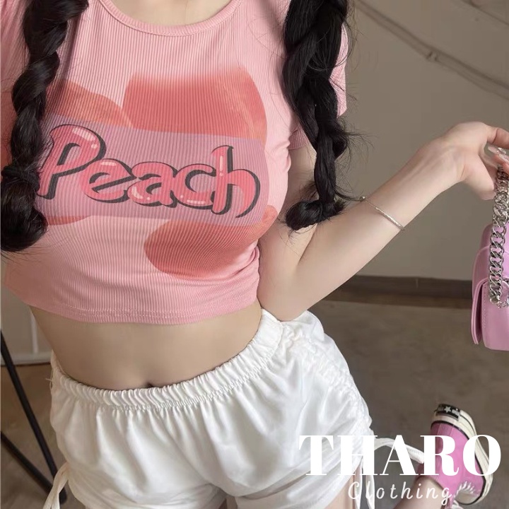 Áo Croptop Nữ Tay Ngắn In Logo Peach - Tharo Clothing [AO00080]