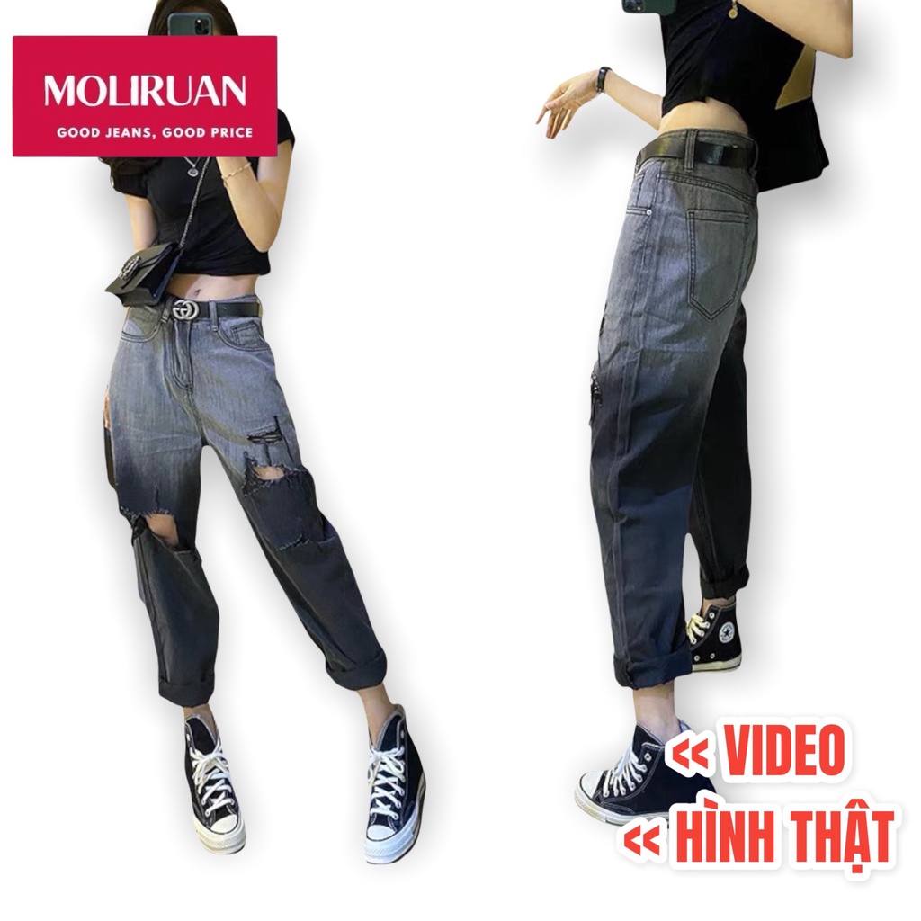 Quần jean baggy nữ Lưng Kiểu 5 Nút, màu XÁM LOANG RÁCH phong cách hàn quốc, phom to rộng đủ size 4060 Moliruan