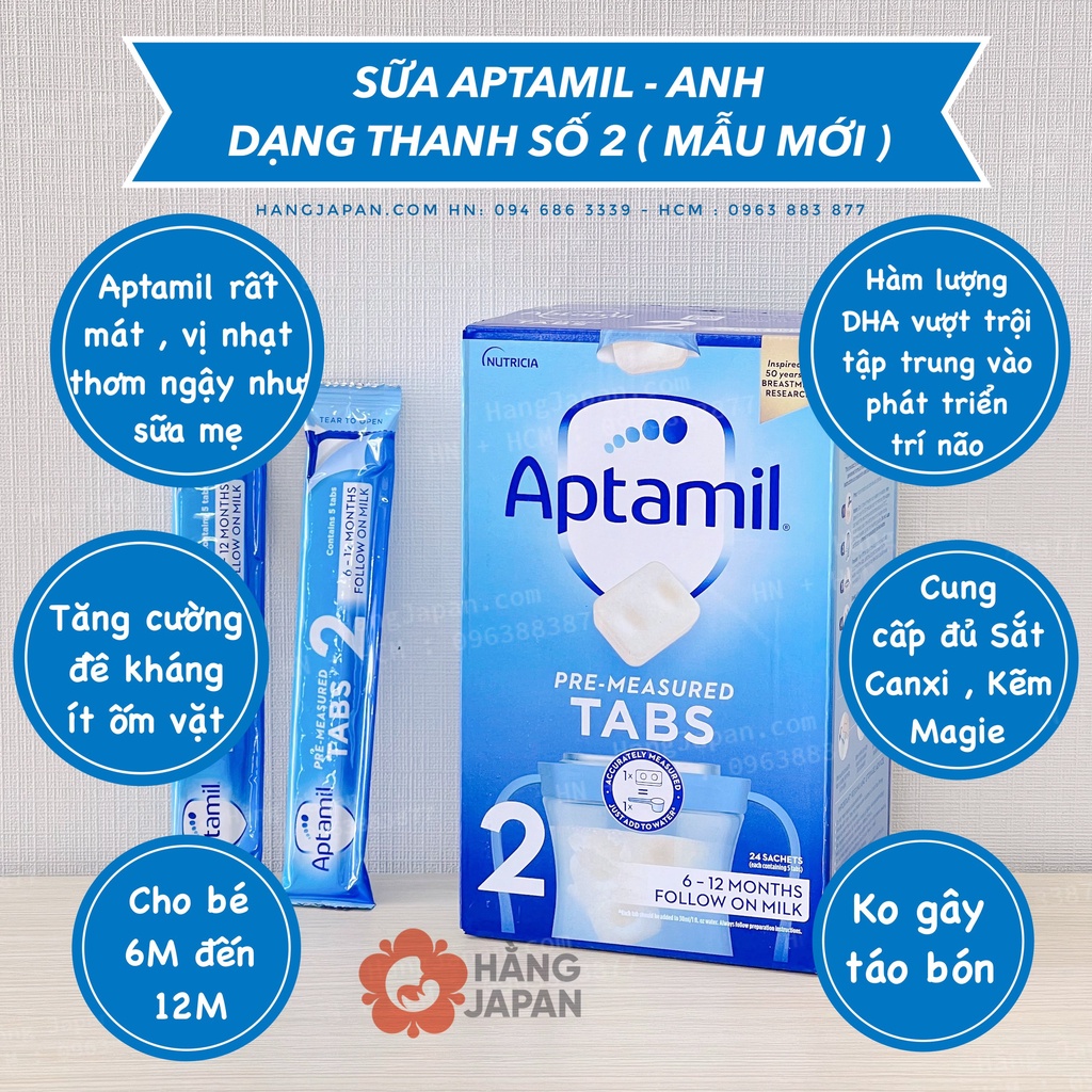 Sữa Aptamil UK số 2 dạng thanh 25G, sữa cô đặc hút chân không cho bé 6m+