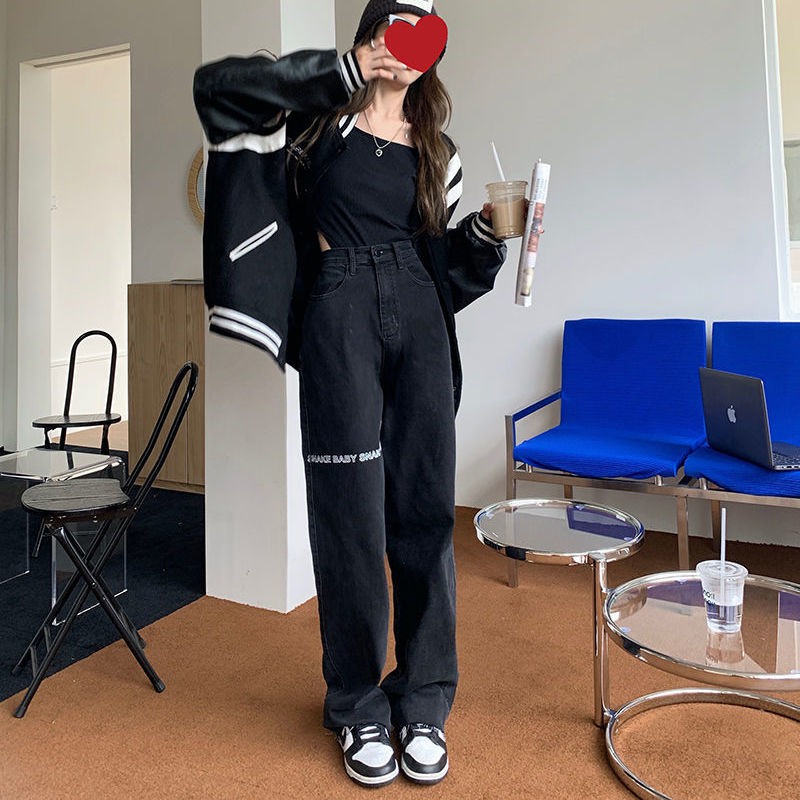 Quần jeans nữ ống rộng lưng cao màu đen 2021