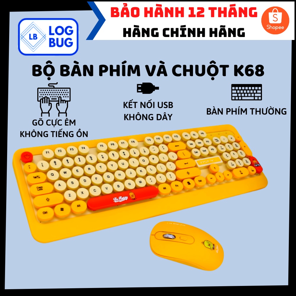 Bộ bàn phím và chuột không dây, màu vàng cute, giá siêu rẻ, phím gõ cực êm, dễ sử dụng, thích hợp làm việc.