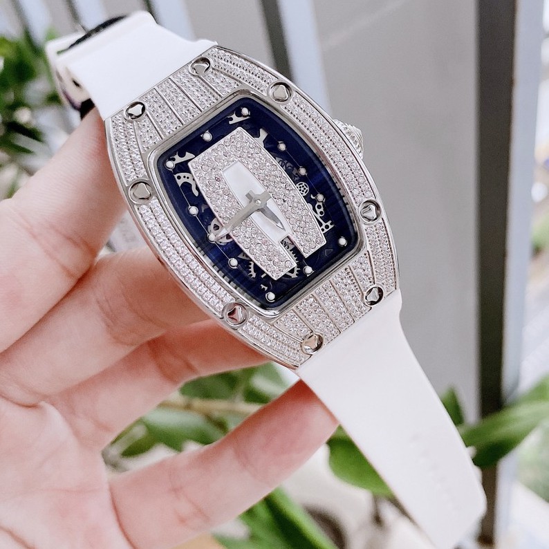 Đồng Hồ Huboler Hanboro Nữ Dây Silicon Trắng Mặt Đính Đá Silver 31x42mm Chính Hãng