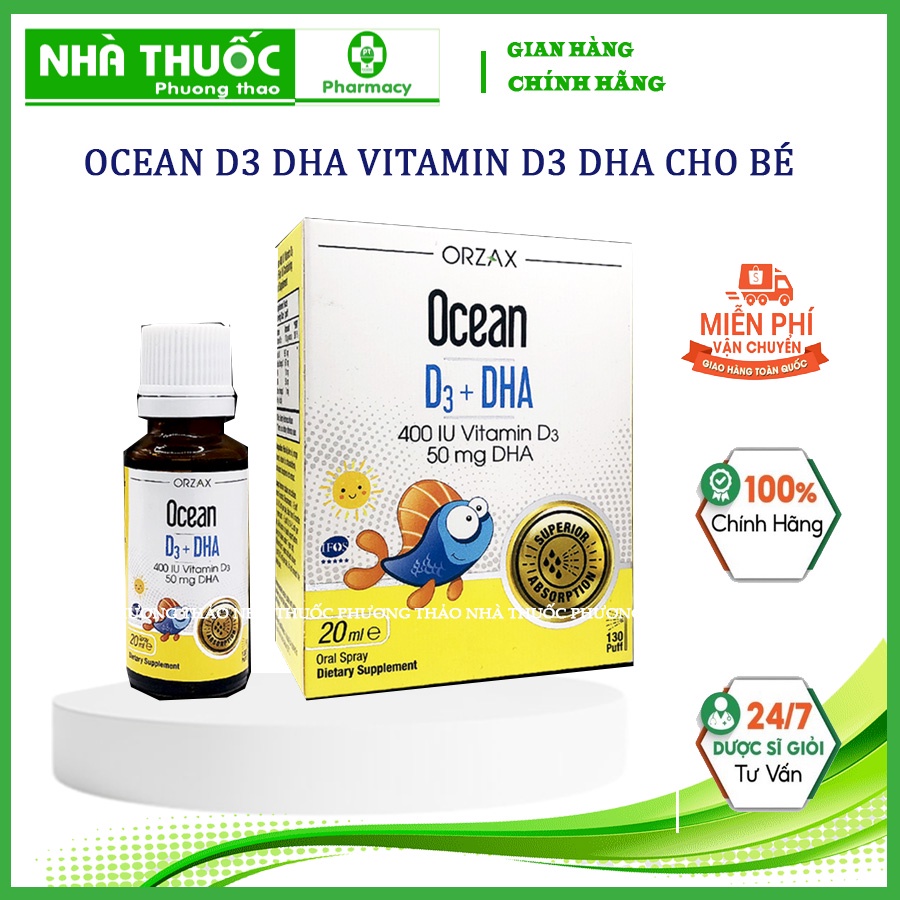 Ocean D3 DHA Vitamin d3 dha cho bé Dầu cá Omega 3 Canxi  Xịt Nhỏ giọt Lọ 20ml