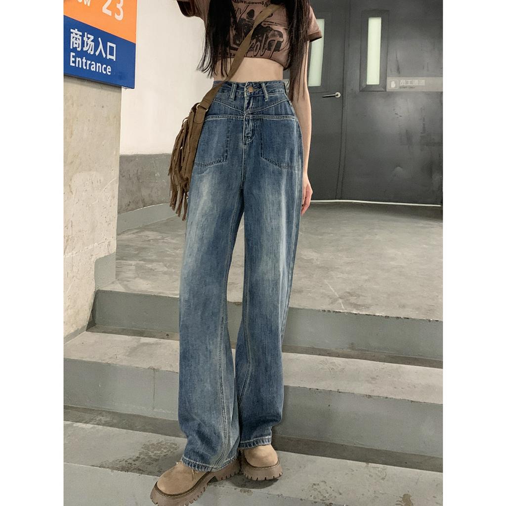SELVZE Quần jeans Nữ Lưng Cao Ống Rộng Thời Trang Cá Tính