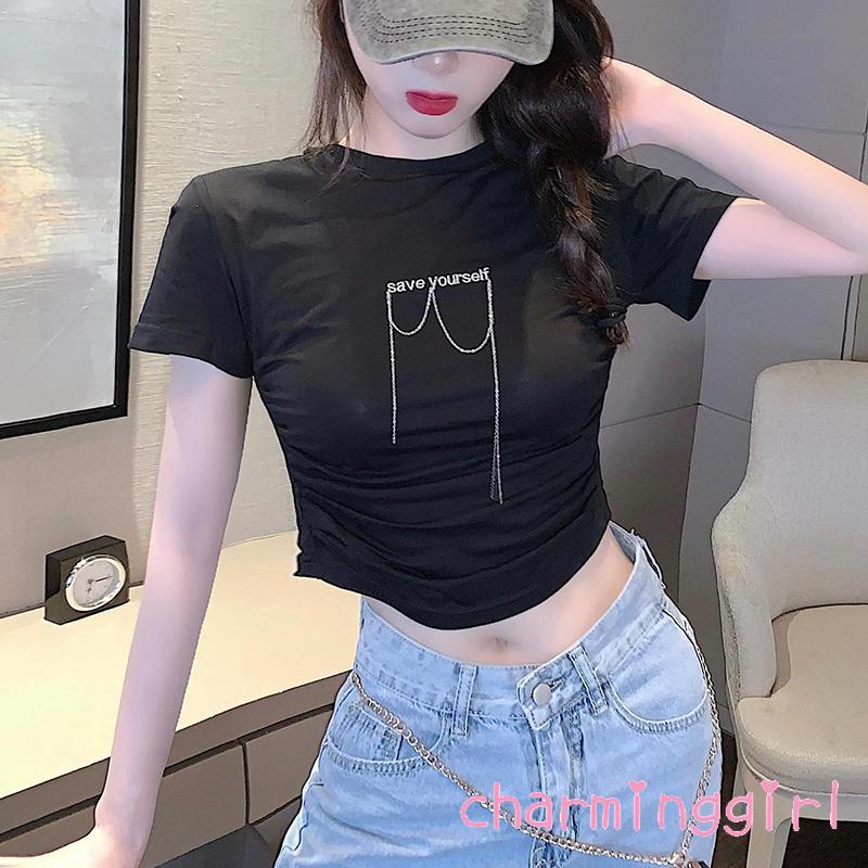 Áo Thun Ngắn Tay In Chữ Đính Đá Thời Trang Cho Nữ