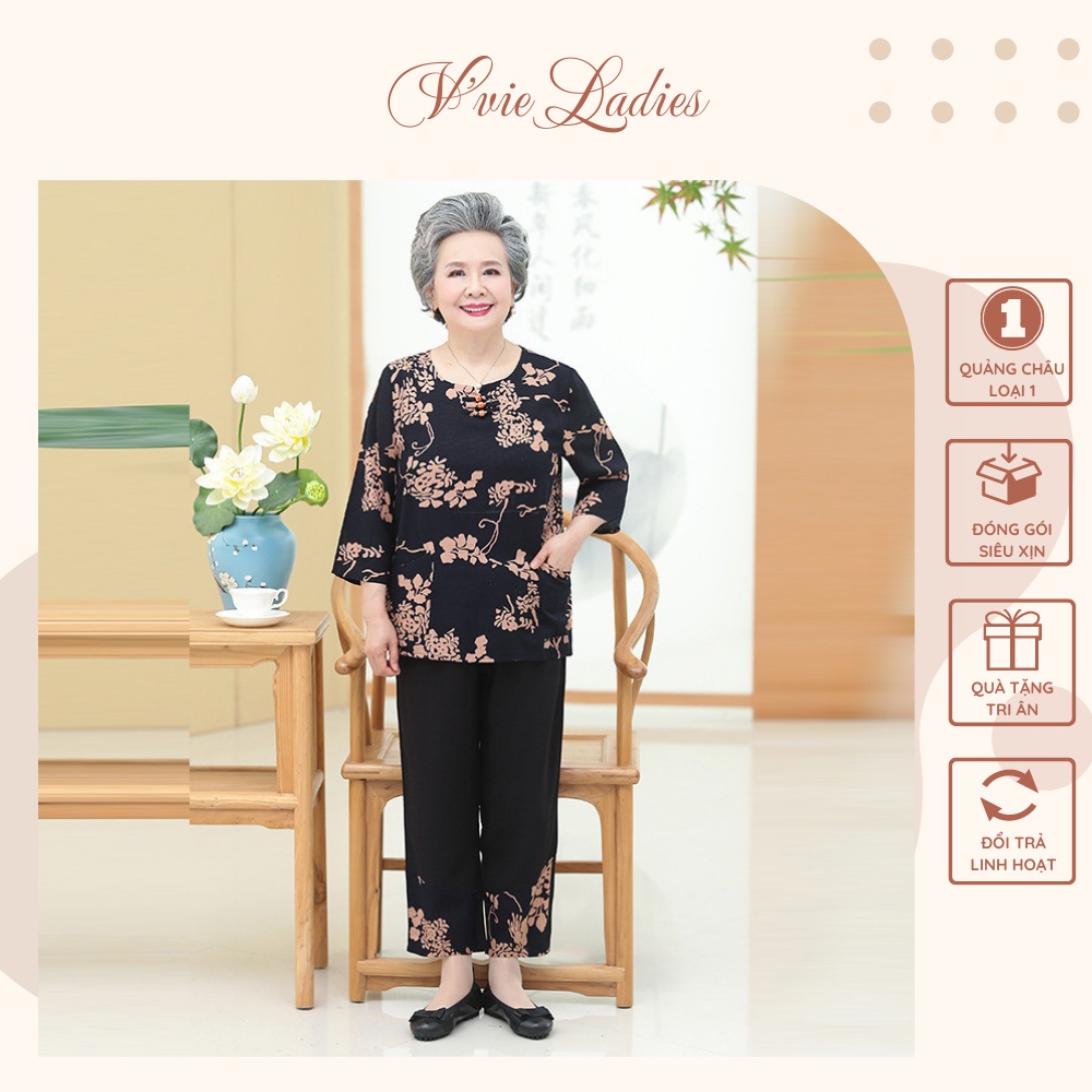 Bộ đồ ngủ cotton lụa cotton dành cho người trung niên và cao tuổi mẫu 2
