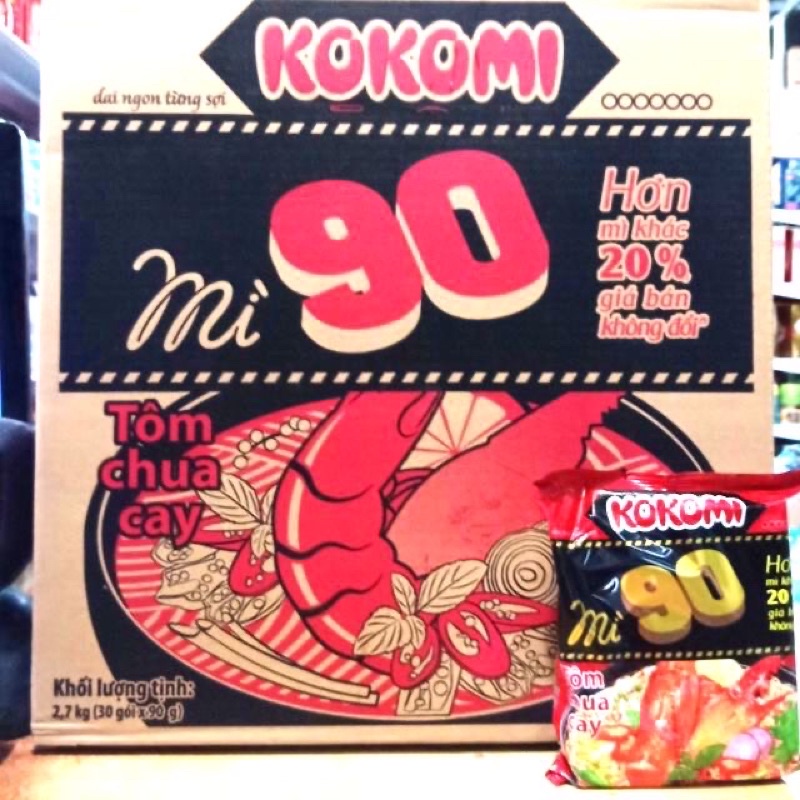 Thùng 30 Gói Mì Tôm Kokomi 90 Tôm Chua Cay/ Sườn Cay Hành Phi x 90g